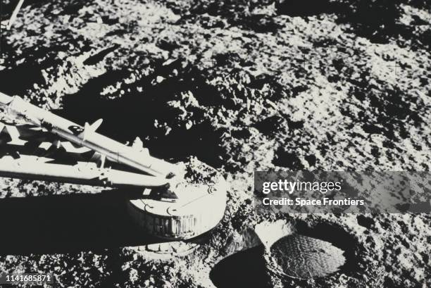 The foot of the Surveyor 3 lunar lander on the Moon, taken during NASA's Apollo 12 lunar landing mission, November 1969. The unmanned Surveyor 3...