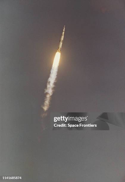 The launch of NASA's Apollo 8 spacecraft from the Kennedy Space Center, Florida, 21st December 1968.