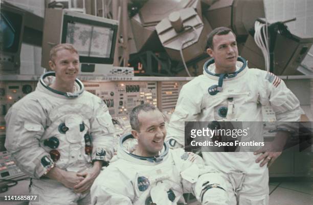 From left to right, astronauts Russell Louis 'Rusty' Schweickart, James Alton McDivitt and David Randolph Scott, the crew of NASA's scheduled Apollo...
