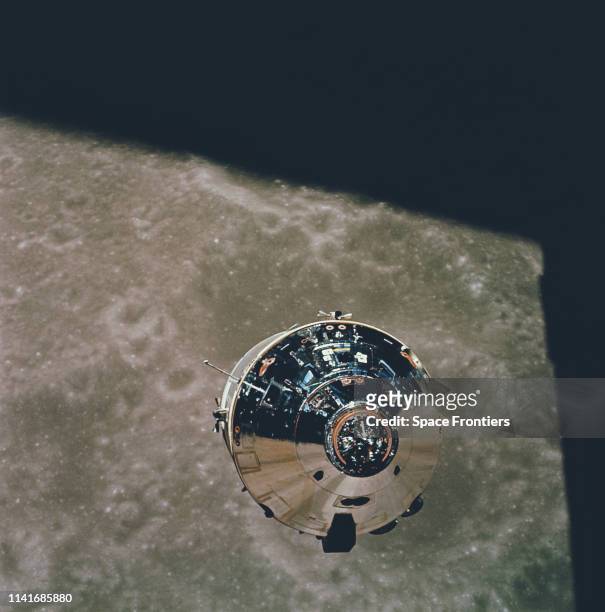 The Apollo 10 Command Module in orbit around the Moon, during NASA's Apollo 10 mission, May 1969.