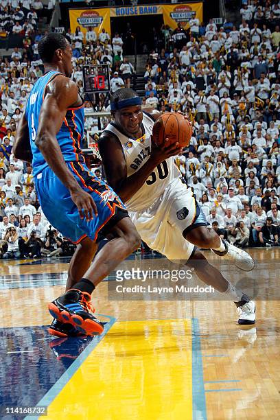 Zach Randolph of the Memphis Grizzlies drives to the basket against Serge Ibaka of the Oklahoma City Thunder during Game Six of the Western...