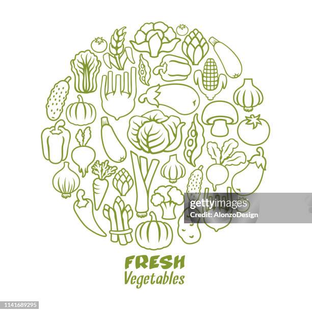 ilustraciones, imágenes clip art, dibujos animados e iconos de stock de composición redonda de verduras - asparagus