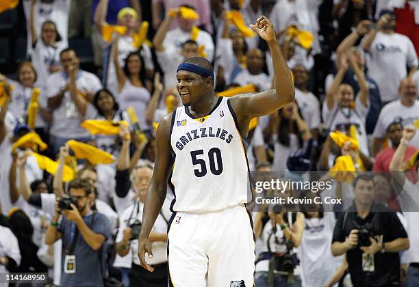 Zach Randolph of the Memphis Grizzlies reacts in the final seconds of their 95-83 win over the Oklahoma City Thunder in Game Six of the Western...