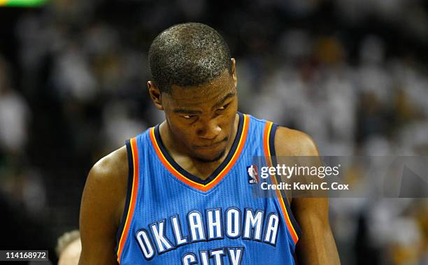 Kevin Durant of the Oklahoma City Thunder reacts after missing a three-point basket in the final minutes against the Memphis Grizzlies in Game Six of...