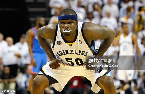 Zach Randolph of the Memphis Grizzlies waits for the ball to be inbounded by the Oklahoma City Thunder in Game Six of the Western Conference...