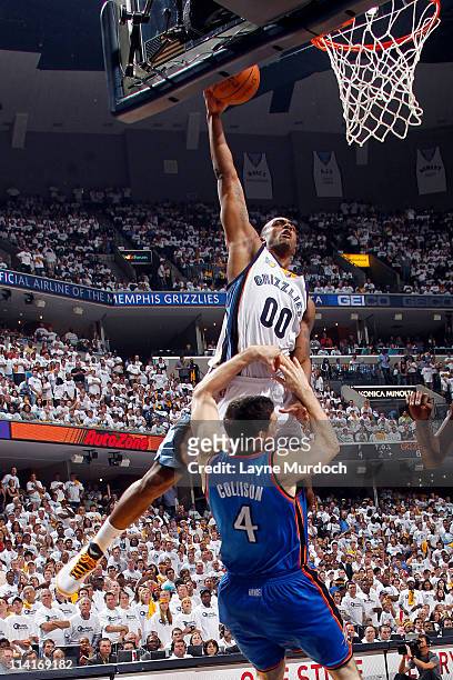 Darrell Arthur of the Memphis Grizzlies dunks against Nick Collison of the Oklahoma City Thunder during Game Six of the Western Conference Semifinals...