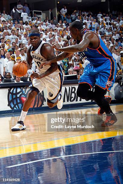 Zach Randolph of the Memphis Grizzlies drives to the basket against Kendrick Perkins the Oklahoma City Thunder during Game Six of the Western...