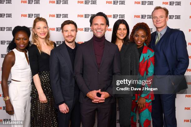 Zainab Jah, Anastaia Griffith, Joe Dempsie, Walton Goggins, Karina McAdams, Lily Banda and Alistair Petrie attend the season 2 launch of "Deep State"...