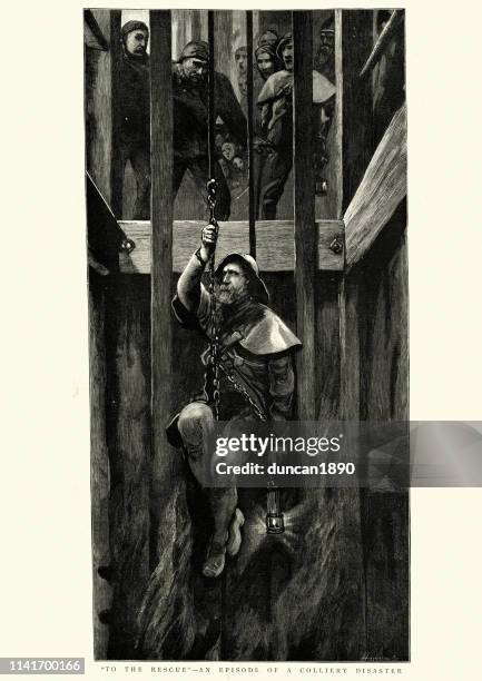 colliery disaster, miner lowered down the shaft to rescue victims - lowering stock illustrations