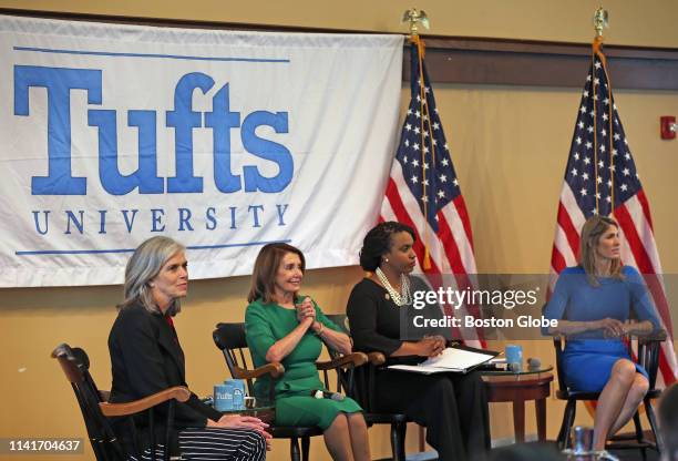 From left, Representative Katherine Clark, Speaker of the House Nancy Pelosi, Representative Ayanna Pressley, and Representative Lori Trahan during...