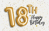 Happy 18th birthday gold foil balloon greeting background.