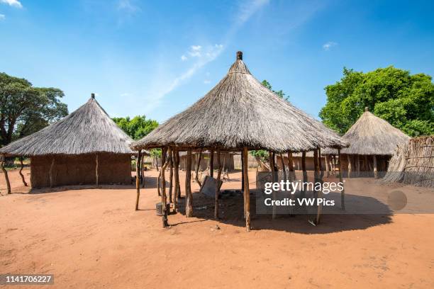 Cluster of huts with thatched roofs inside of Mukuni Village with blue skies above, Zambia.