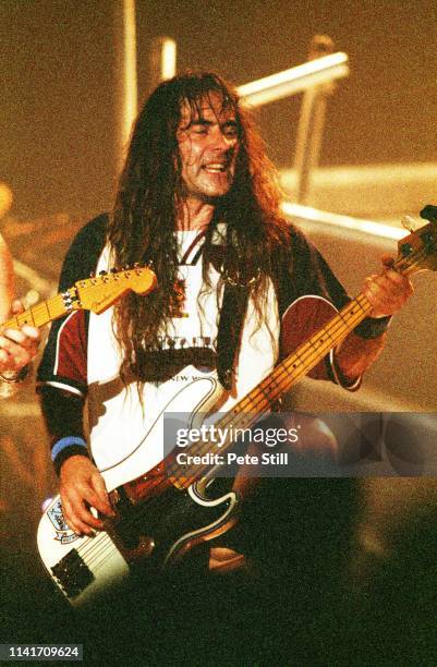 Steve Harris of Iron Maiden performs on stage at Earls Court Arena on June 16th, 2000 in London, England.