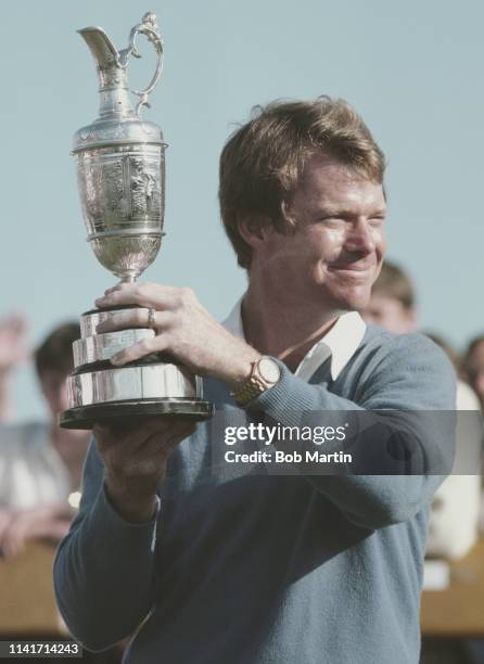 Tom Watson of the United States lifts the Claret Jug and celebrates winning the 111th Open Championship on 18th July 1982 at the Royal Troon Golf...