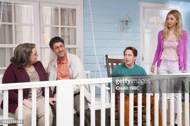 Adam Sandler" Episode 1765 -- Pictured: Aidy Bryant as the mother, host Adam Sandler as the father, Beck Bennett as the son, and Heidi Gardner as his...