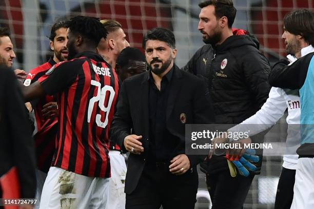 Milan's Italian coach Gennaro Gattuso reacts at the end of the Italian Serie A football match AC Milan vs Bologna on May 6, 2019 at the San Siro...