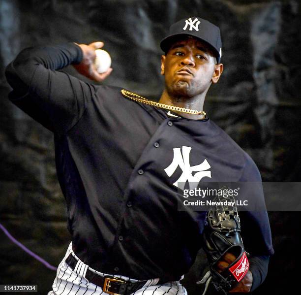 New York Yankees pitcher Luis Severino throws a bullpen session during spring training at George M. Steinbrenner Field in Tampa, Florida on February...