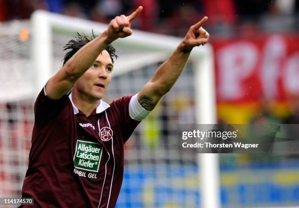 Srdjan Lakic of Kaiserslautern celebrates after scoring his teams third goal during the Bundesliga match between 1.FC Kaiserslautern and SV Werder...