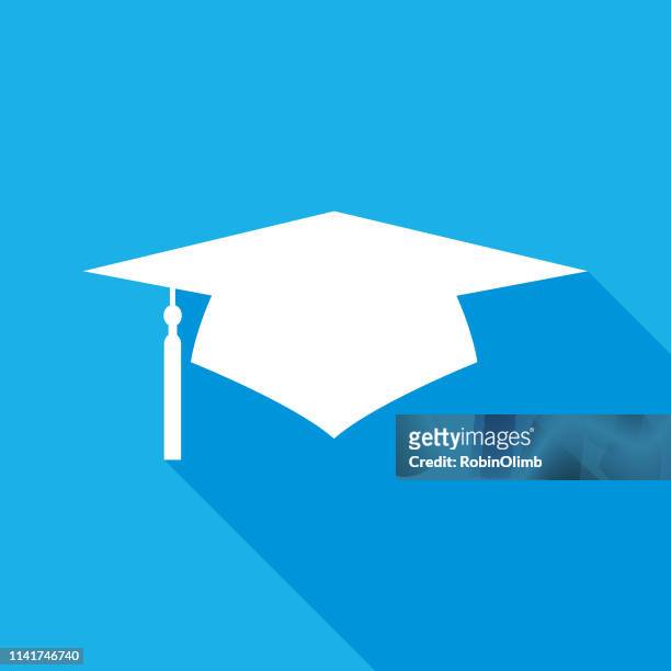 blue and white graduation cap icon - tuft stock illustrations