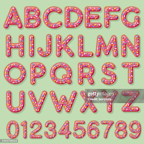 ilustrações de stock, clip art, desenhos animados e ícones de glazed strawberry donut alphabet - confeito colorido para bolos