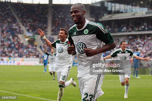 Grafite of Wolfsburg celebrates his team's third goal during the Bundesliga match between 1899 Hoffenheim and VfL Wolfsburg at Rhein-Neckar Arena on...