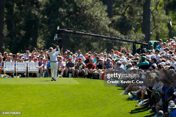 Gary Player of South Africa plays a shot during the Par 3 Contest prior to the Masters at Augusta National Golf Club on April 10, 2019 in Augusta,...