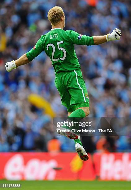 Joe Hart of Man City celebrates the opening goal during the The FA Cup sponsored by E.0N 2011 Final match between Manchester City and Stoke City at...