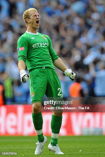 Joe Hart of Man City celebrates the opening goal during the The FA Cup sponsored by E.0N 2011 Final match between Manchester City and Stoke City at...