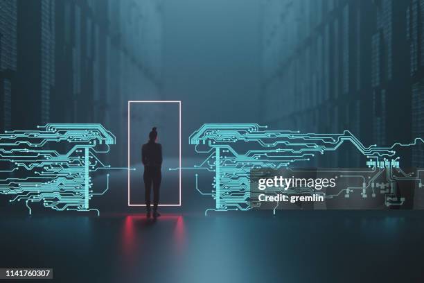 woman and digital security points - glowing doorway stock pictures, royalty-free photos & images