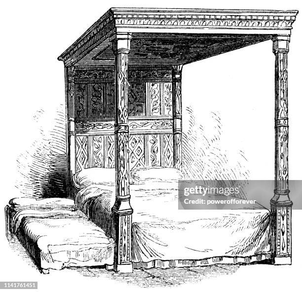 standing bed and truckle bed - 16th century - four poster bed stock illustrations