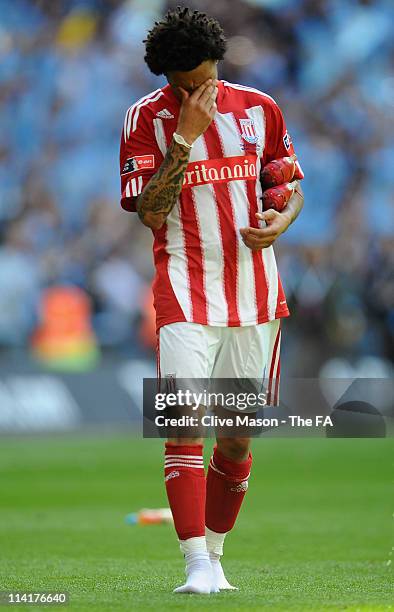 Jermaine Pennant of Stoke City walks dejected during the The FA Cup sponsored by E.0N 2011 Final match between Manchester City and Stoke City at...