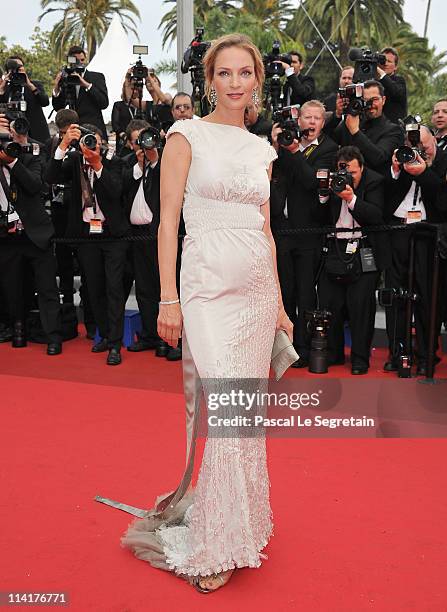 Jury Member Uma Thurman attends the "Pirates of the Caribbean: On Stranger Tides" premiere at the Palais des Festivals during the 64th Cannes Film...