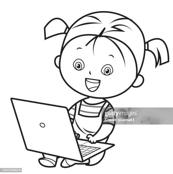 illustrations, cliparts, dessins animés et icônes de livre de coloriage, fille de sourire utilisant l’ordinateur portatif - seulement des petites filles