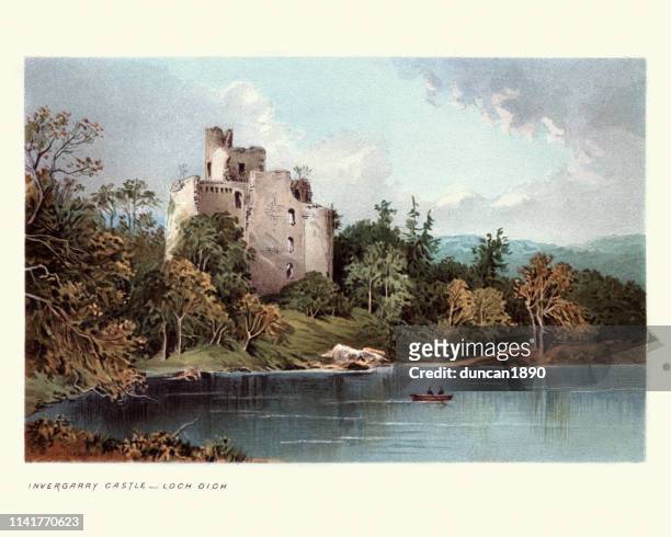 invergarry castle, loch oich, scottish highlands, schottland, 19. jahrhundert - scottish castle stock-grafiken, -clipart, -cartoons und -symbole