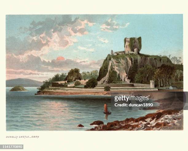 landscapes of scotland, dunollie castle, oban, 19th century - oban scotland stock illustrations