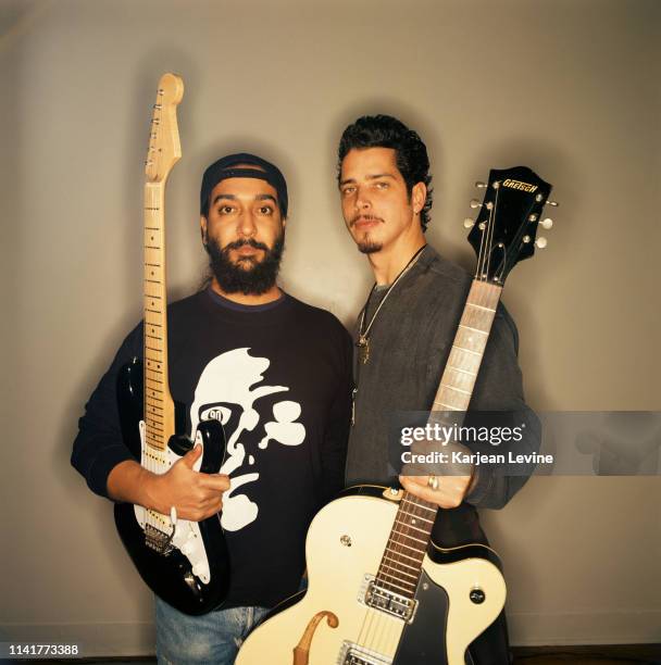 Singer/guitarist Chris Cornell and guitarist Kim Thayil of Soundgarden pose for a portrait on December 1, 1993 in New York City, New York.