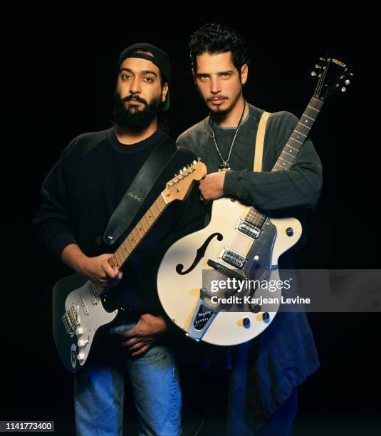 Singer/guitarist Chris Cornell and guitarist Kim Thayil of Soundgarden pose for a portrait on December 1, 1993 in New York City, New York.