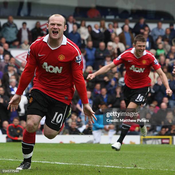 Wayne Rooney of Manchester United celebrates scoring their first goal during the Barclays Premier League match between Blackburn Rovers and...