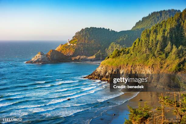 heceta head lighthouse on the oregon coast usa - heceta beach stock pictures, royalty-free photos & images