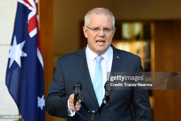 Australian Prime Minister Scott Morrison talks to the media at a press conference announcing an election date at Parliament House on April 11, 2019...