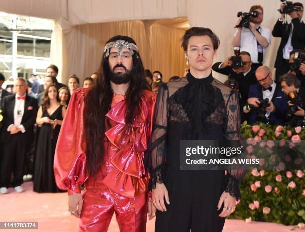 Singer/songwriter Harry Styles and Gucci creative director Alessandro Michele arrive for the 2019 Met Gala at the Metropolitan Museum of Art on May 6...