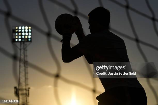 Luke Daniels of Brentford warms up during the Sky Bet Championship match between Brentford and Ipswich Town at Griffin Park on April 10, 2019 in...