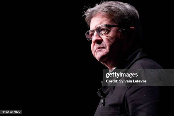 French leftist La France Insoumise party leader and member of parliament, Jean-Luc Melenchon gestures as he delivers a speech during La France...