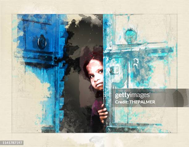 little girl behind a door - mixed digital technique - indian painting stock illustrations