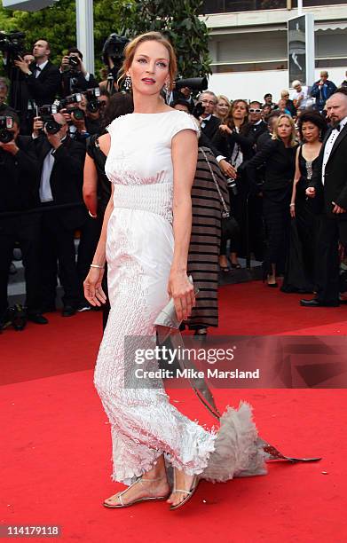 Uma Thurman arrives at the "Pirates Of The Caribbean: On Stranger Tides" Premiere part of the 64th Cannes Film Festival at Palais des Festivals on...