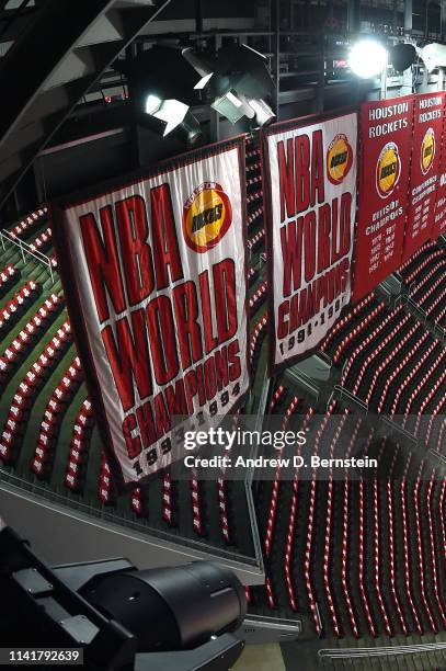 General view of the Houston Rockets championship banners before Game Four of the Western Conference Semifinals against the Golden State Warriors...