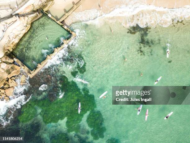 aerial view of the beach and surf with paddle boarders - strand coogee beach stock-fotos und bilder