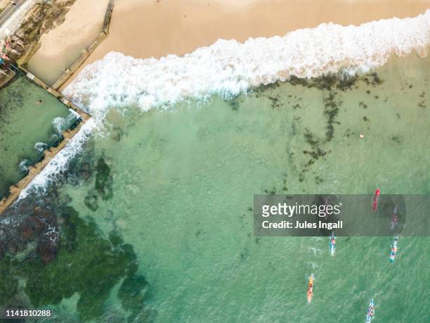 aerial view of the beach and surf with paddle boarders - strand coogee beach stock-fotos und bilder