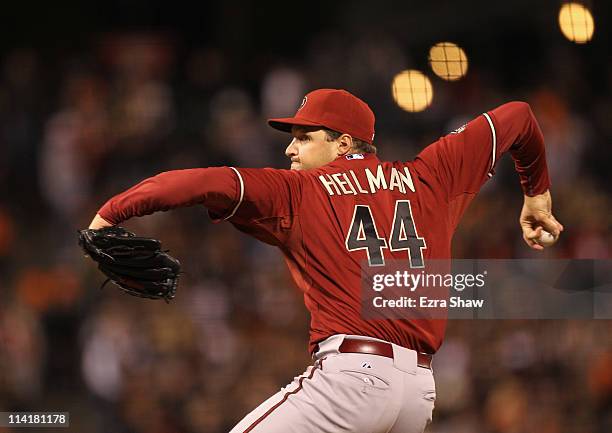 Aaron Heilman of the Arizona Diamondbacks in action against the San Francisco Giants at AT&T Park on May 11, 2011 in San Francisco, California.