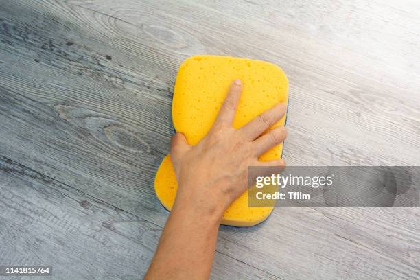 hand on cleaning sponge on the floor - domestic bathroom - fotografias e filmes do acervo